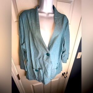 Vtg Norm Thompson Women’s Large Aqua Blue Linen Cotton Blazer Jacket L Classic